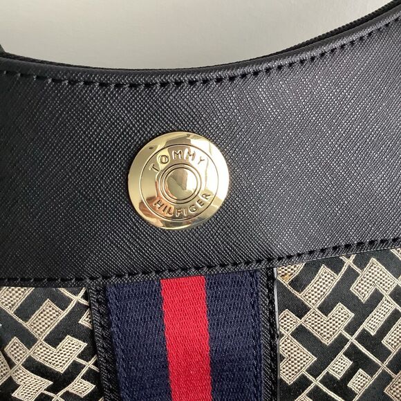 Tommy Hilfiger Monogram Canvas Shoulder Bag Hobo Handbag Purse Black Tan Logo - Picture 6 of 12